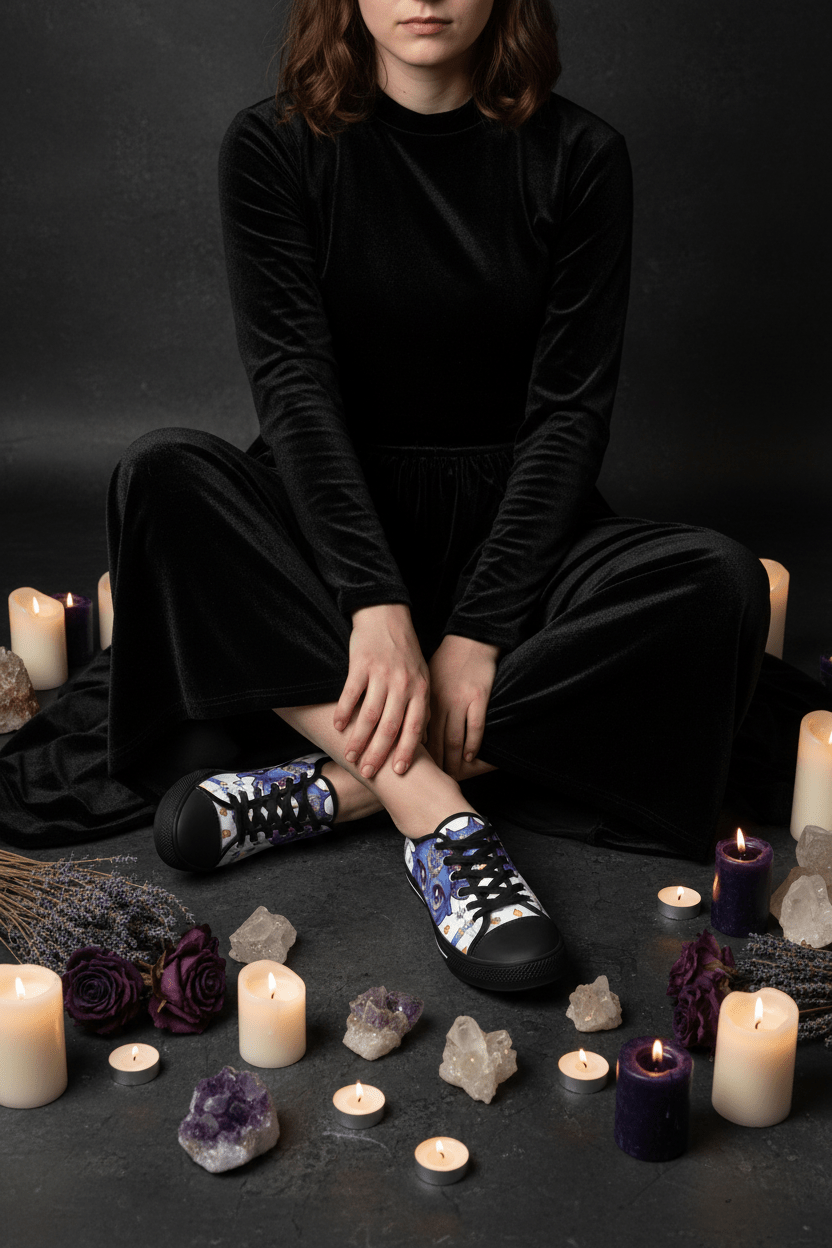 Low Top Sneakers — Mystical Cute Goth Purple Cat with Stars & CandlesEmber Spirit Apparel