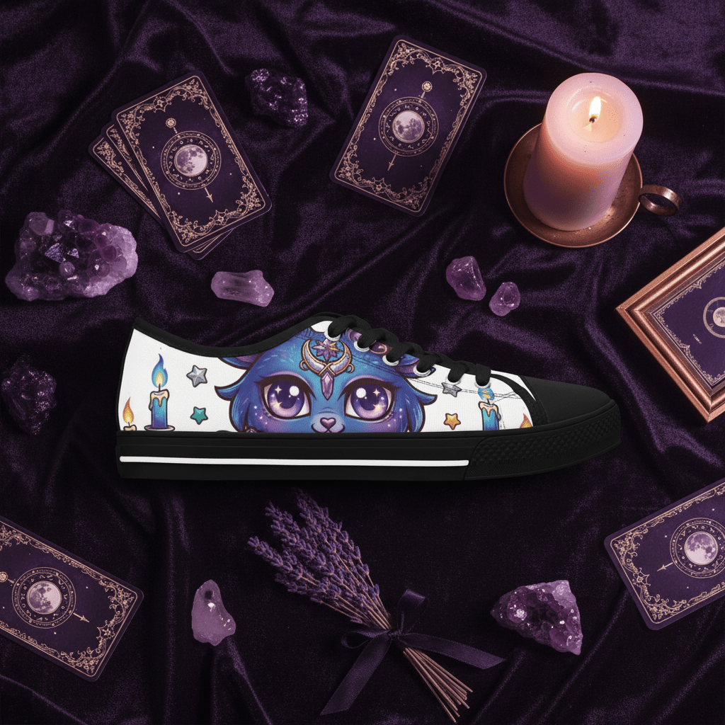 Low Top Sneakers — Mystical Cute Goth Purple Cat with Stars & CandlesEmber Spirit Apparel