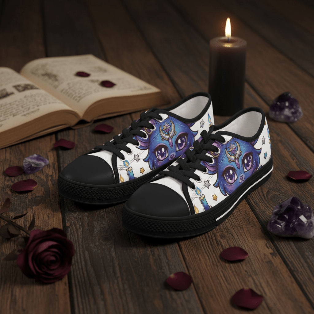 Low Top Sneakers — Mystical Cute Goth Purple Cat with Stars & CandlesEmber Spirit Apparel