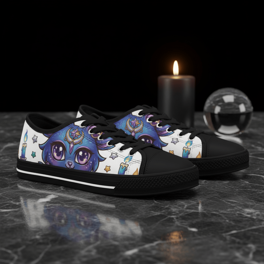 Low Top Sneakers — Mystical Cute Goth Purple Cat with Stars & CandlesEmber Spirit Apparel
