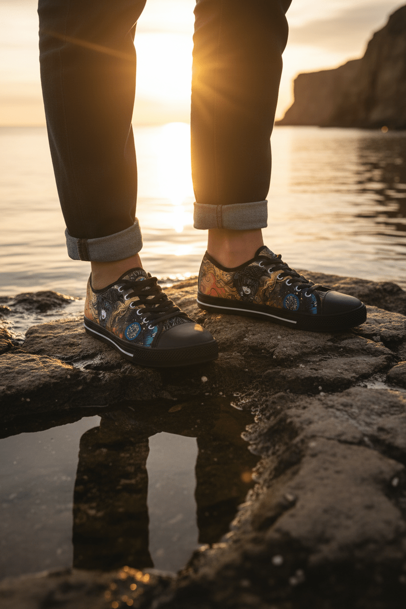 Medicine of the Raven Low Top Sneakers — Spirit Roots, Water & Sky DesignEmber Spirit Apparel