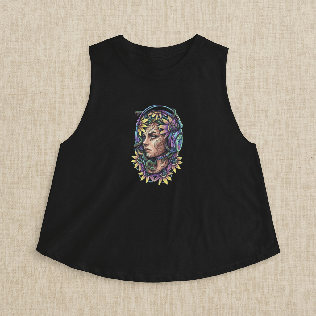 Medusa Gamer Crop Top — Vibrant Floral Headphones Portrait Crop Top.Ember Spirit Apparel