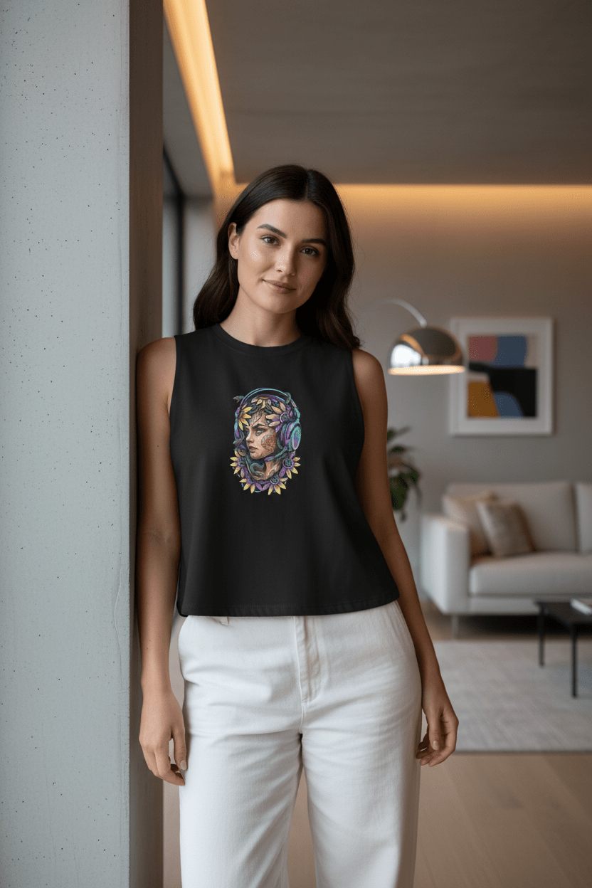 Medusa Gamer Crop Top — Vibrant Floral Headphones Portrait Crop Top.Ember Spirit Apparel