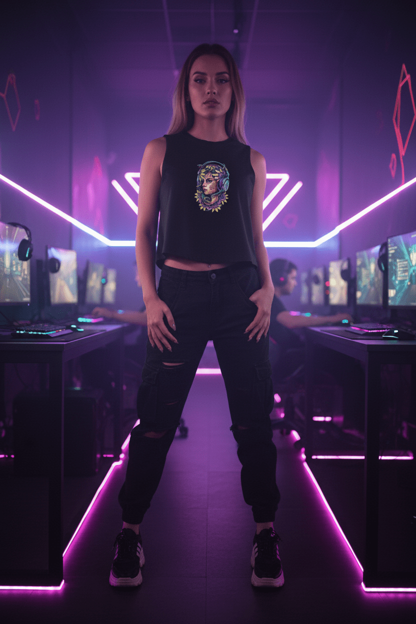 Medusa Gamer Crop Top — Vibrant Floral Headphones Portrait Crop Top.Ember Spirit Apparel