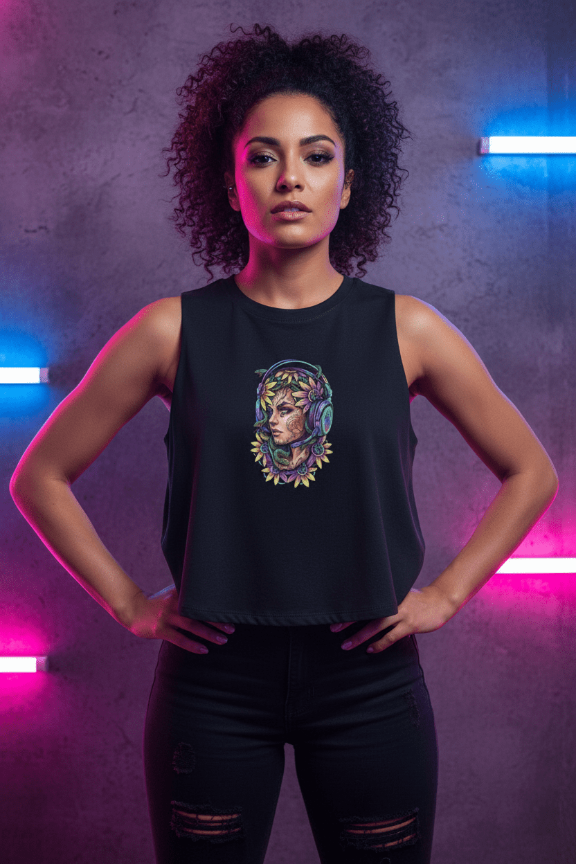 Medusa Gamer Crop Top — Vibrant Floral Headphones Portrait Crop Top.Ember Spirit Apparel