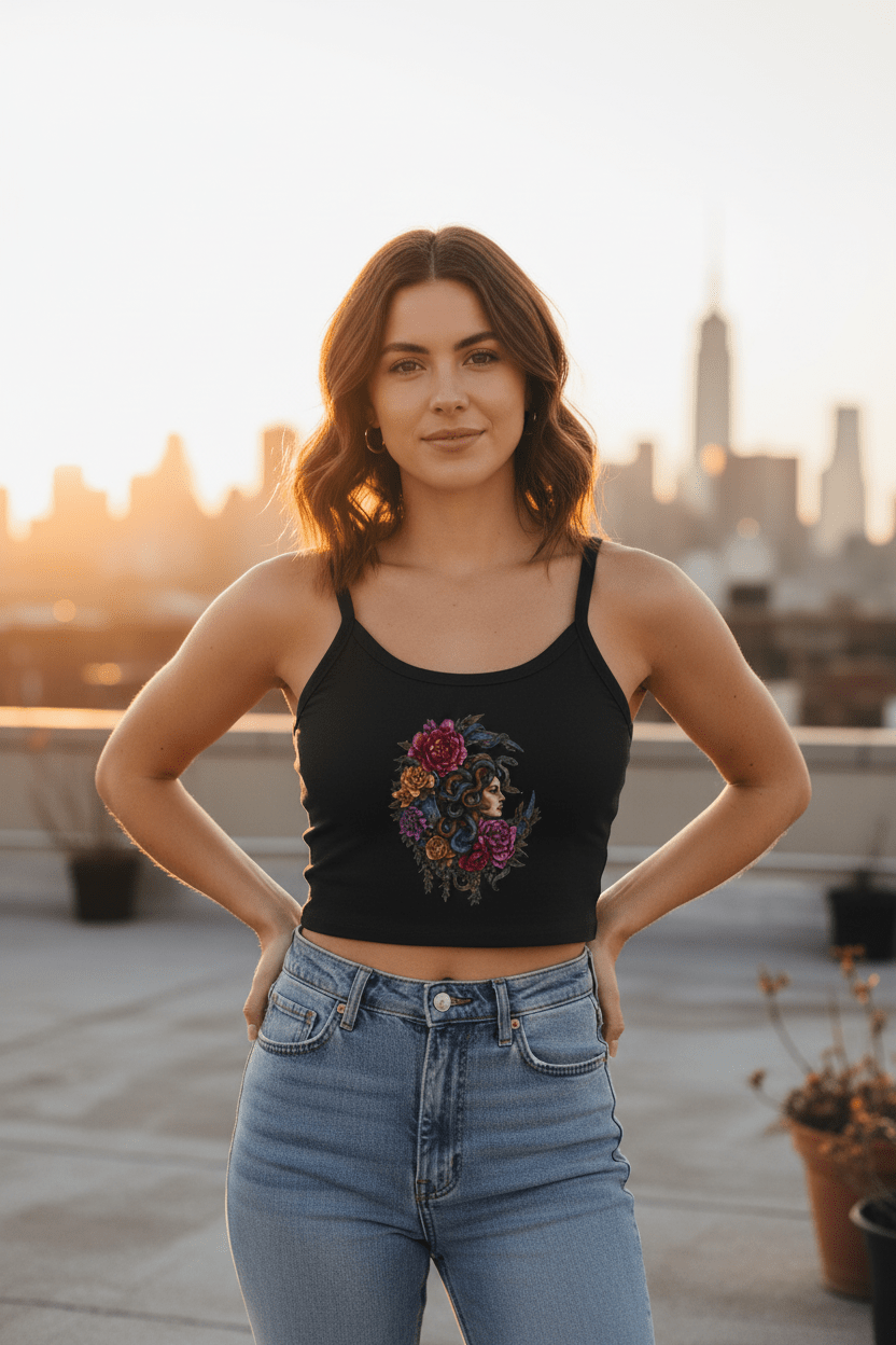 Medusa Women's Spaghetti Tank Top — Floral Goddess Profile CropEmber Spirit Apparel