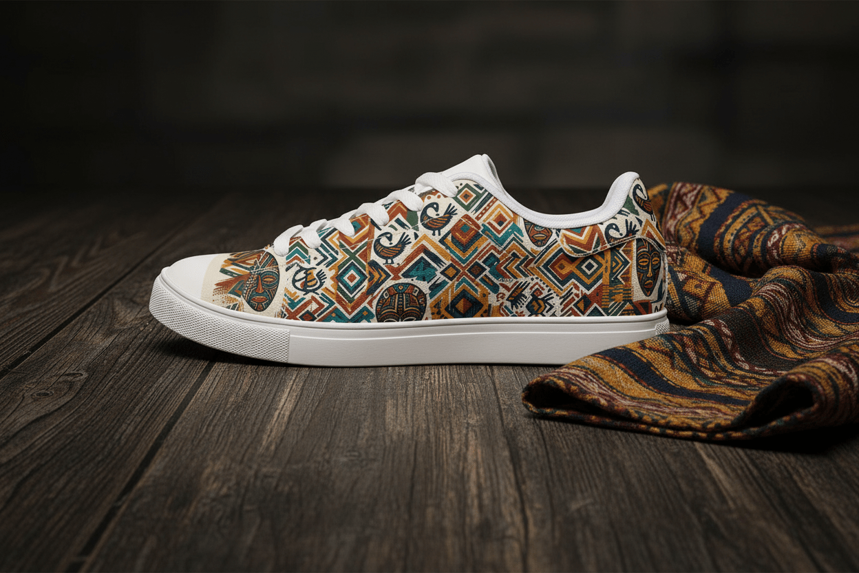 Men's African Inspired Sneakers — Vintage Aztec Low - Top PatternEmber Spirit Apparel