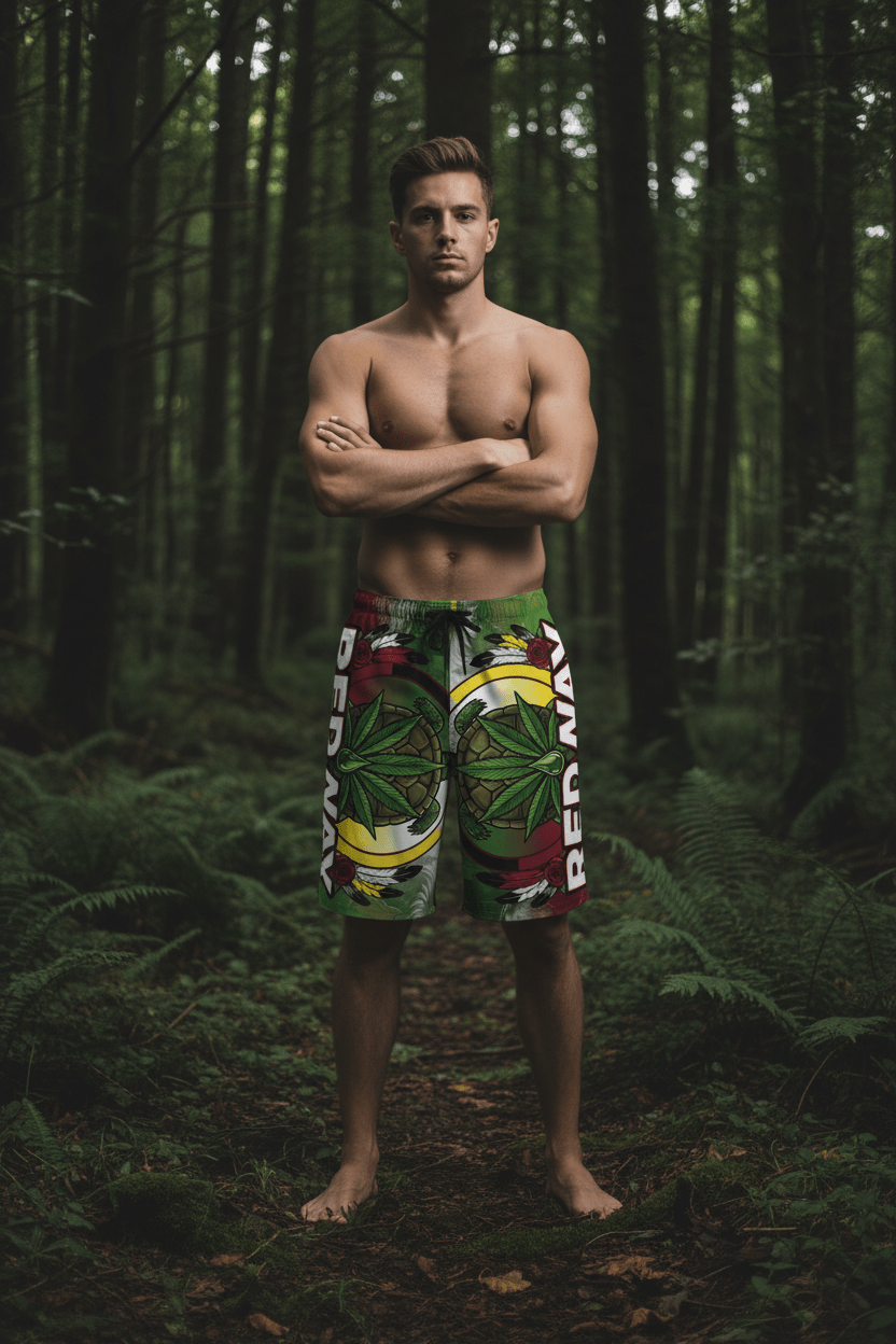 Men's Board Shorts (AOP) Natural Leaf RedWayEmber Spirit Apparel