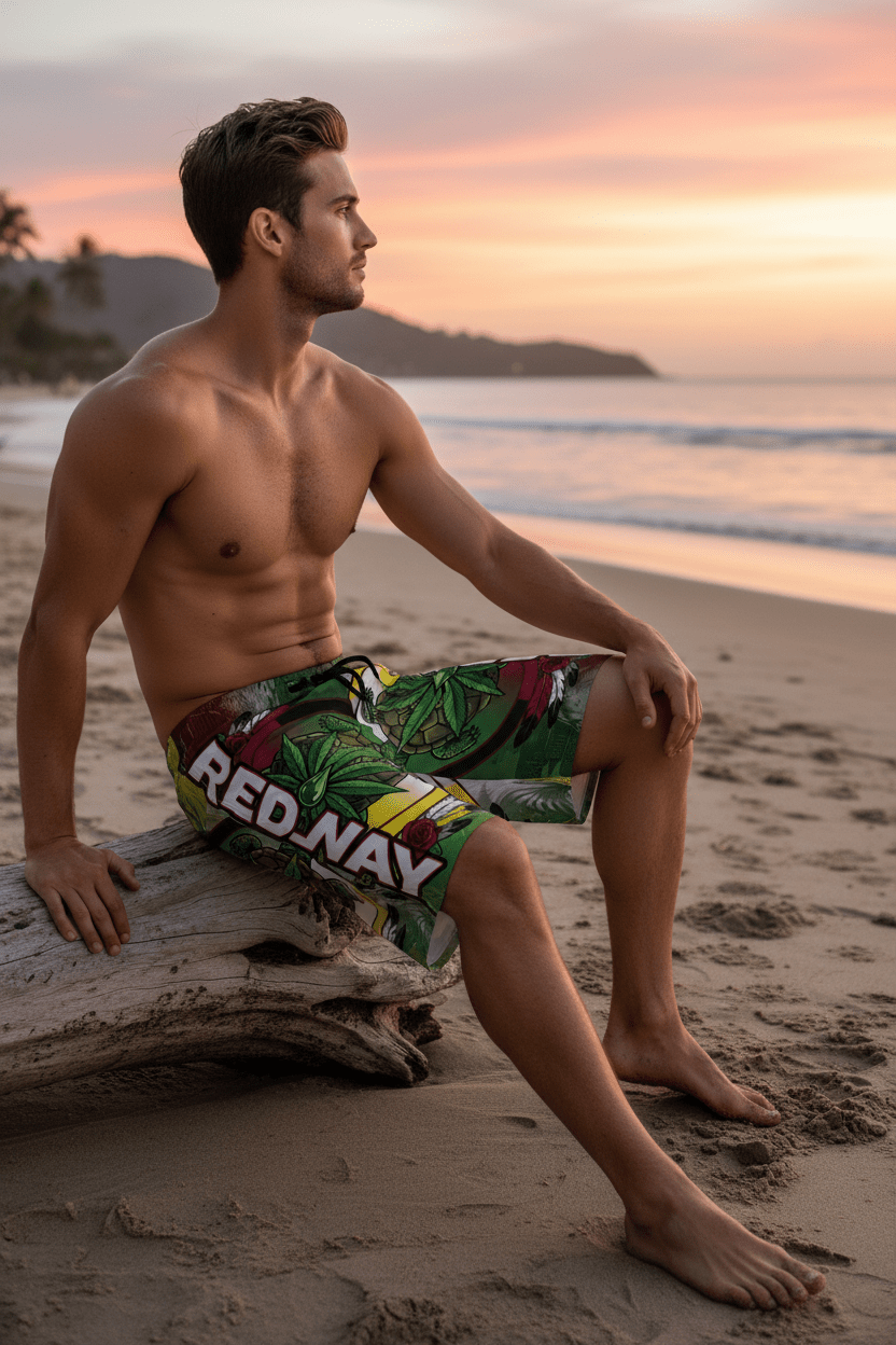 Men's Board Shorts (AOP) Natural Leaf RedWayEmber Spirit Apparel