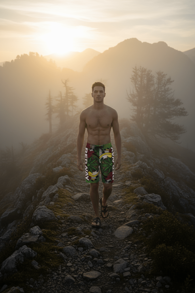Men's Board Shorts (AOP) Natural Leaf RedWayEmber Spirit Apparel