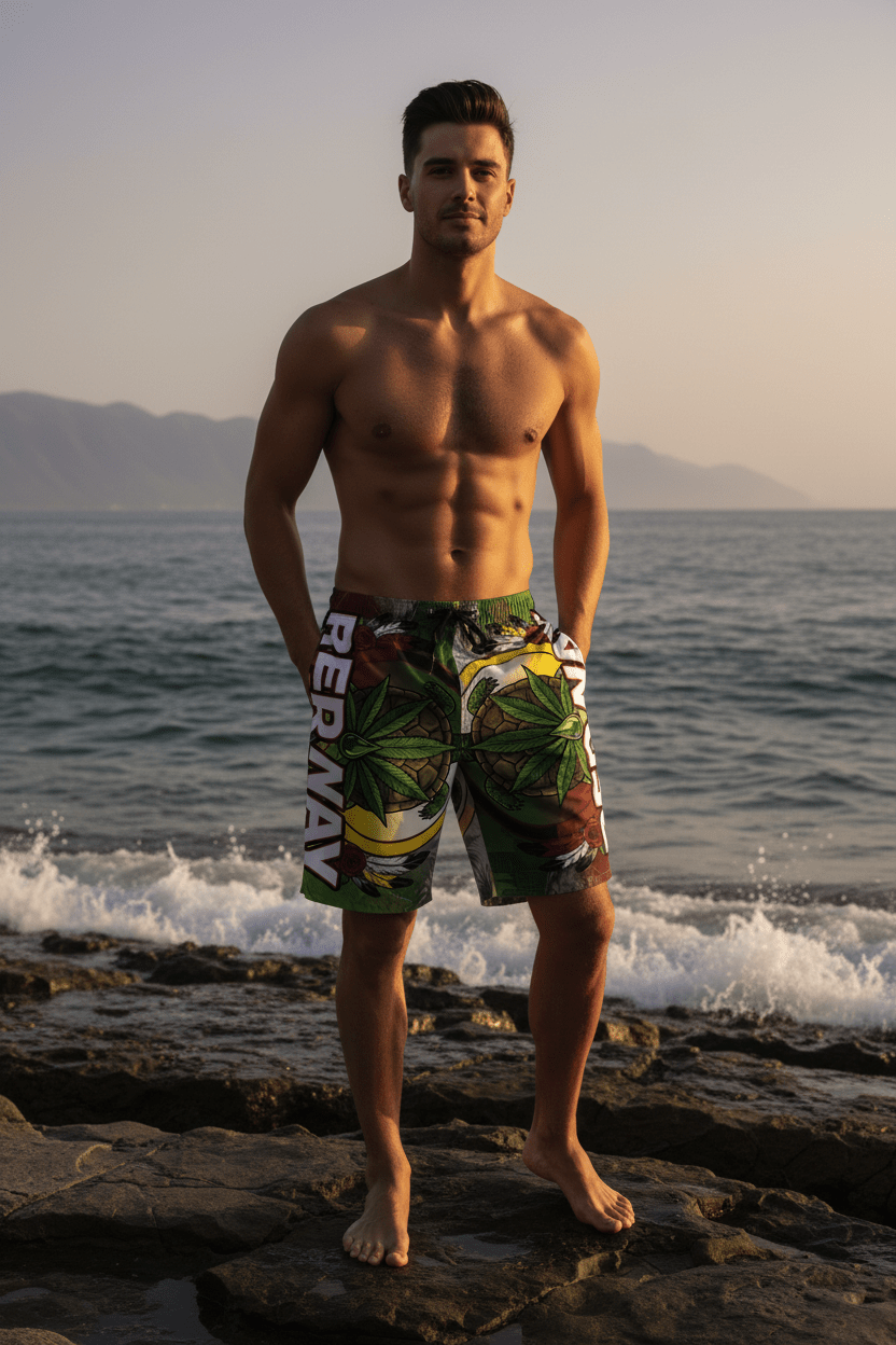 Men's Board Shorts (AOP) Natural Leaf RedWayEmber Spirit Apparel