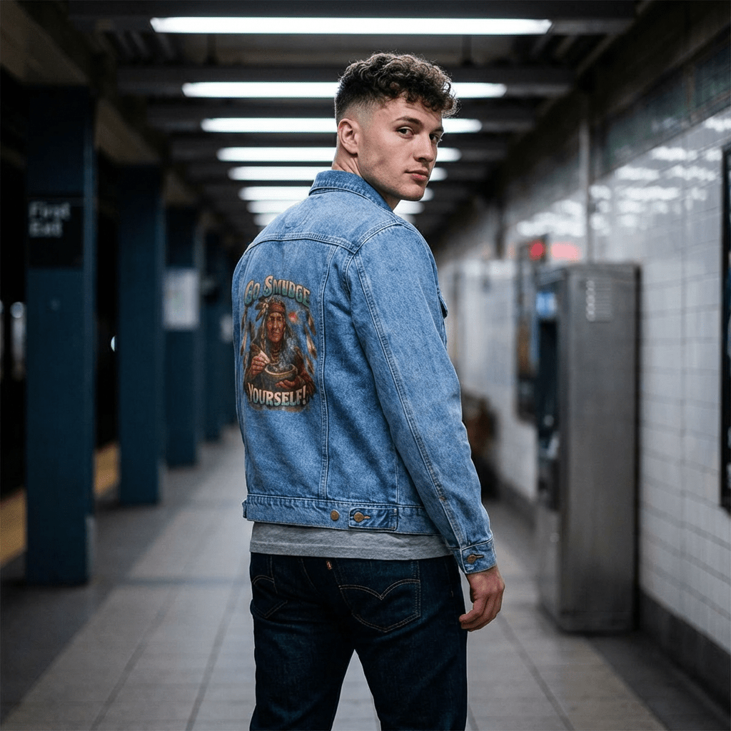 Men's denim jacket with "Go Smudge Yourself!" retro graphic on back, relaxed fit