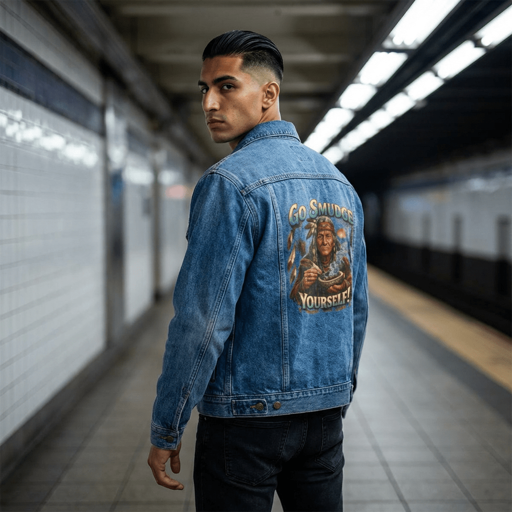Men's denim jacket with "Go Smudge Yourself!" retro graphic on back, relaxed fit