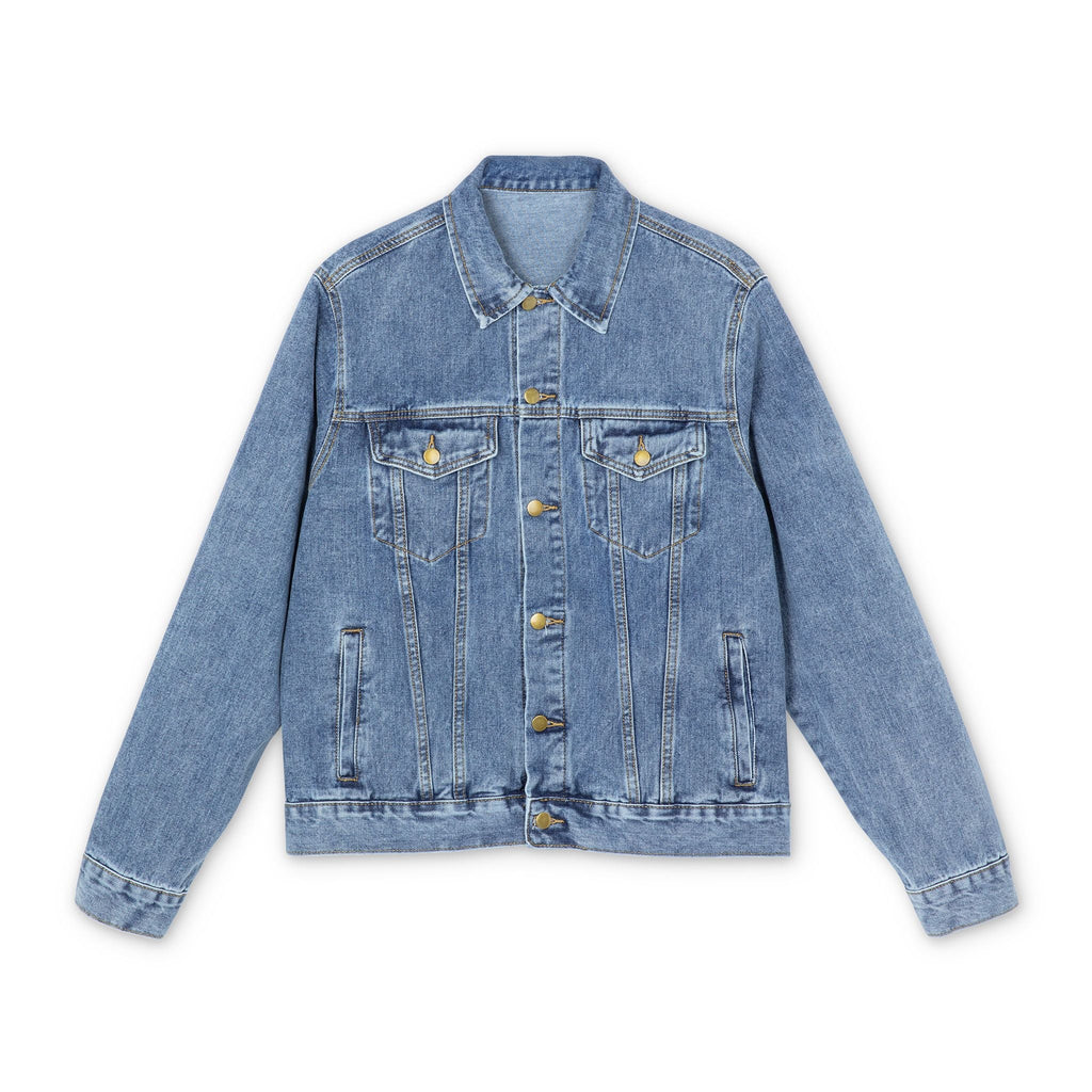 Men's denim jacket with "Go Smudge Yourself!" retro graphic on back, relaxed fit