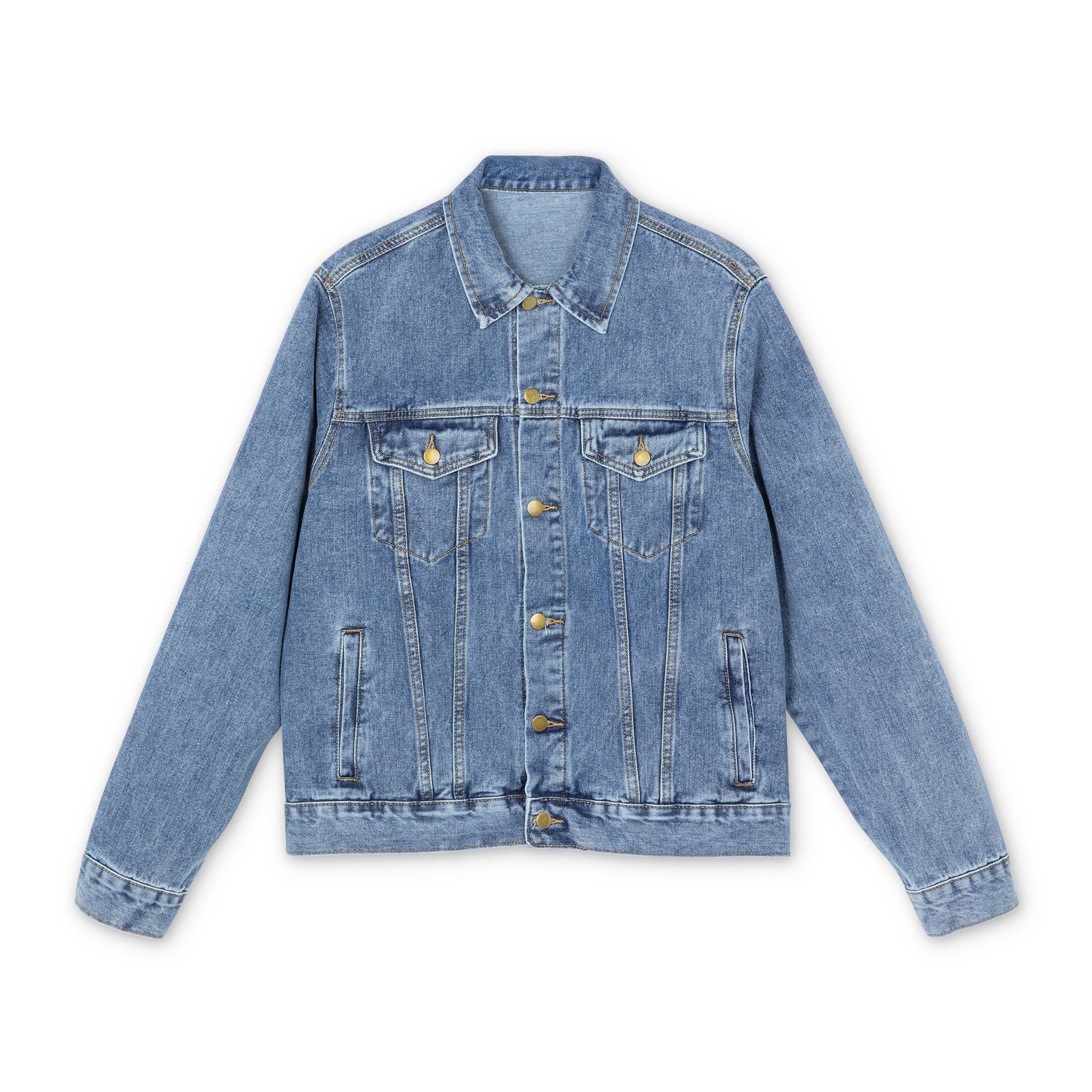 Men's denim jacket with "Go Smudge Yourself!" retro graphic on back, relaxed fit