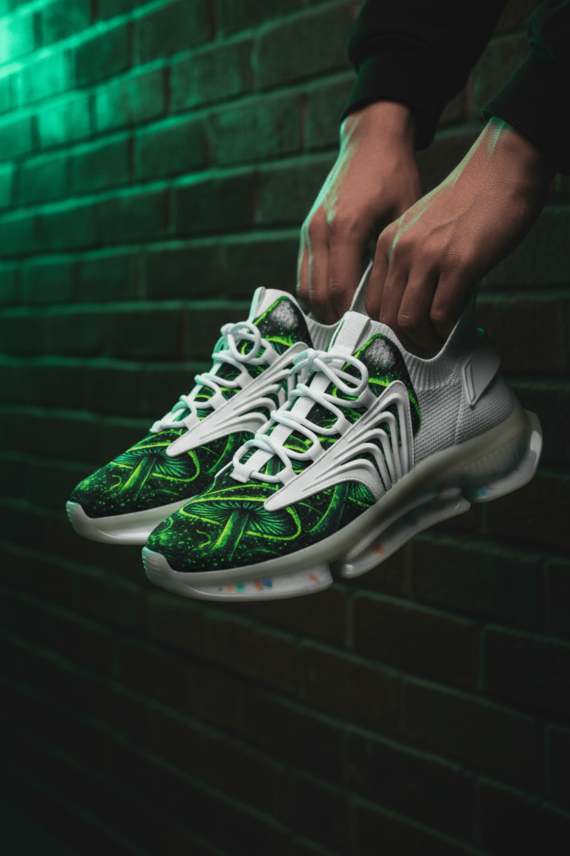 Mesh Sneakers — Neon Green Psychedelic Mushroom PrintEmber Spirit Apparel