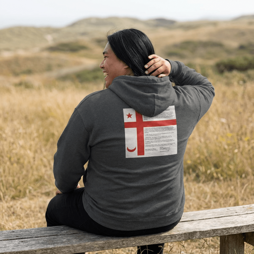 Mi'kmaq Grand Council Flag Hoodie — Indigenous grand council print hoodie, close-up detail Mi'kmaq Hoodie