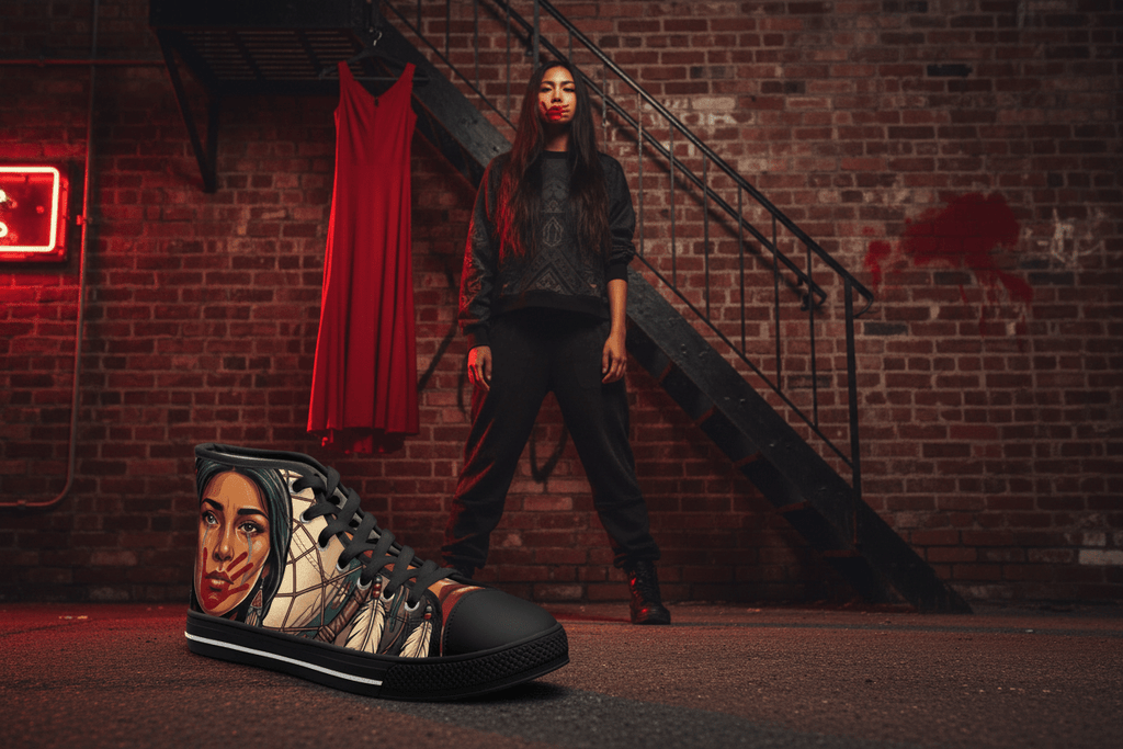 MMIW High Top Sneakers — Native Dreamcatcher Portrait DesignEmber Spirit Apparel
