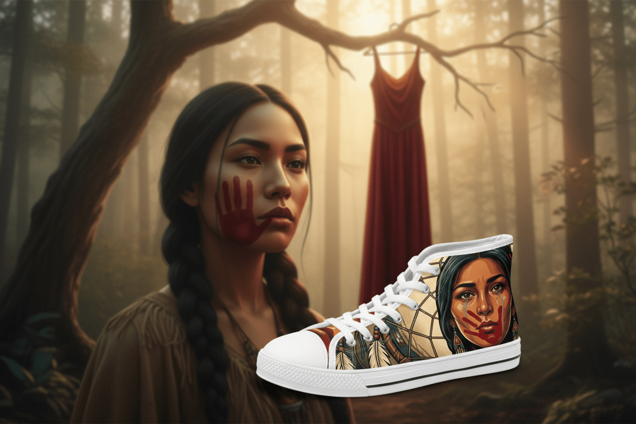 MMIW High Top Sneakers — Native Dreamcatcher Portrait DesignEmber Spirit Apparel
