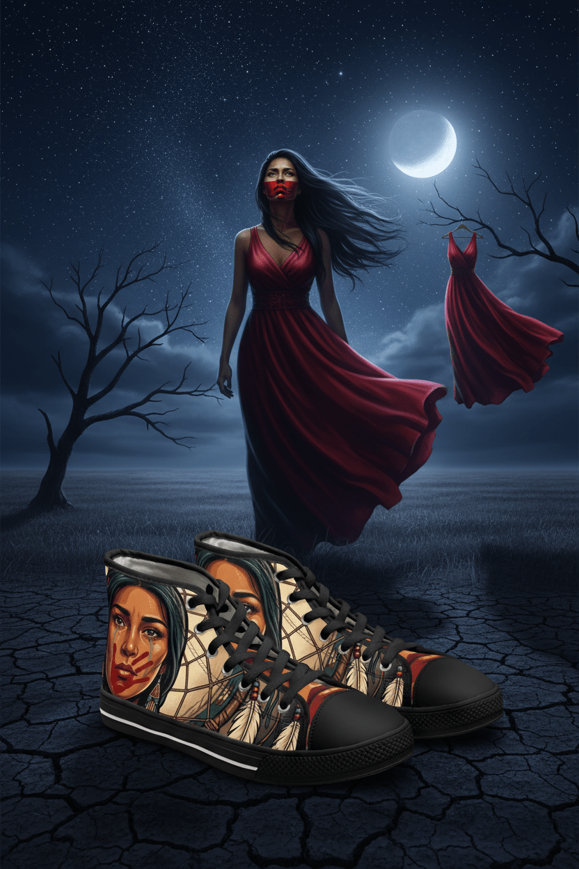 MMIW High Top Sneakers — Native Dreamcatcher Portrait DesignEmber Spirit Apparel