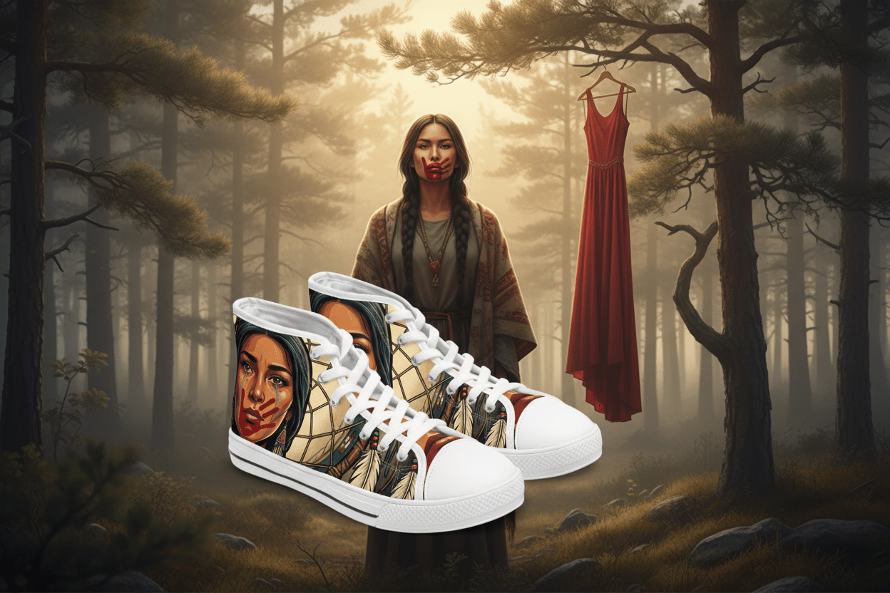 MMIW High Top Sneakers — Native Dreamcatcher Portrait DesignEmber Spirit Apparel