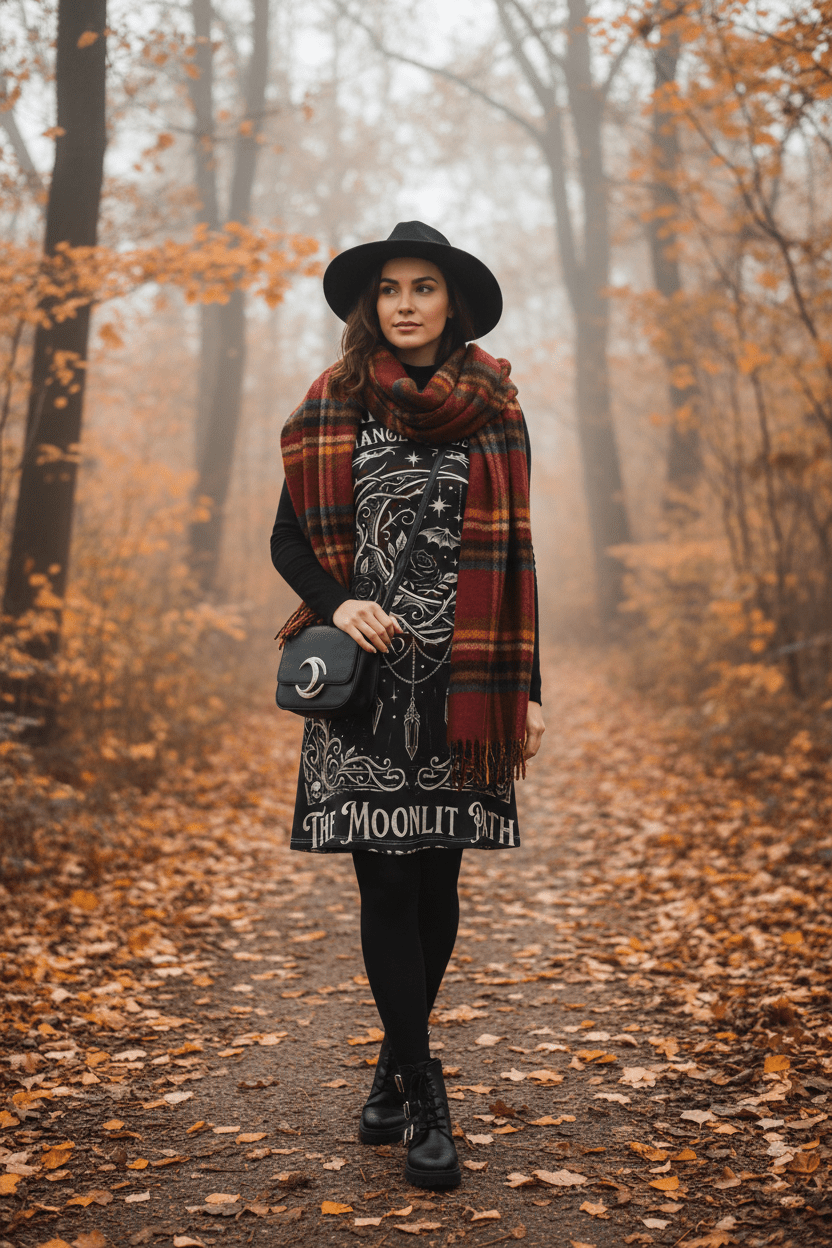 Moonlit Path Gothic A - Line Dress — "Eternal Night: Romance & Despair" All - Over PrintEmber Spirit Apparel