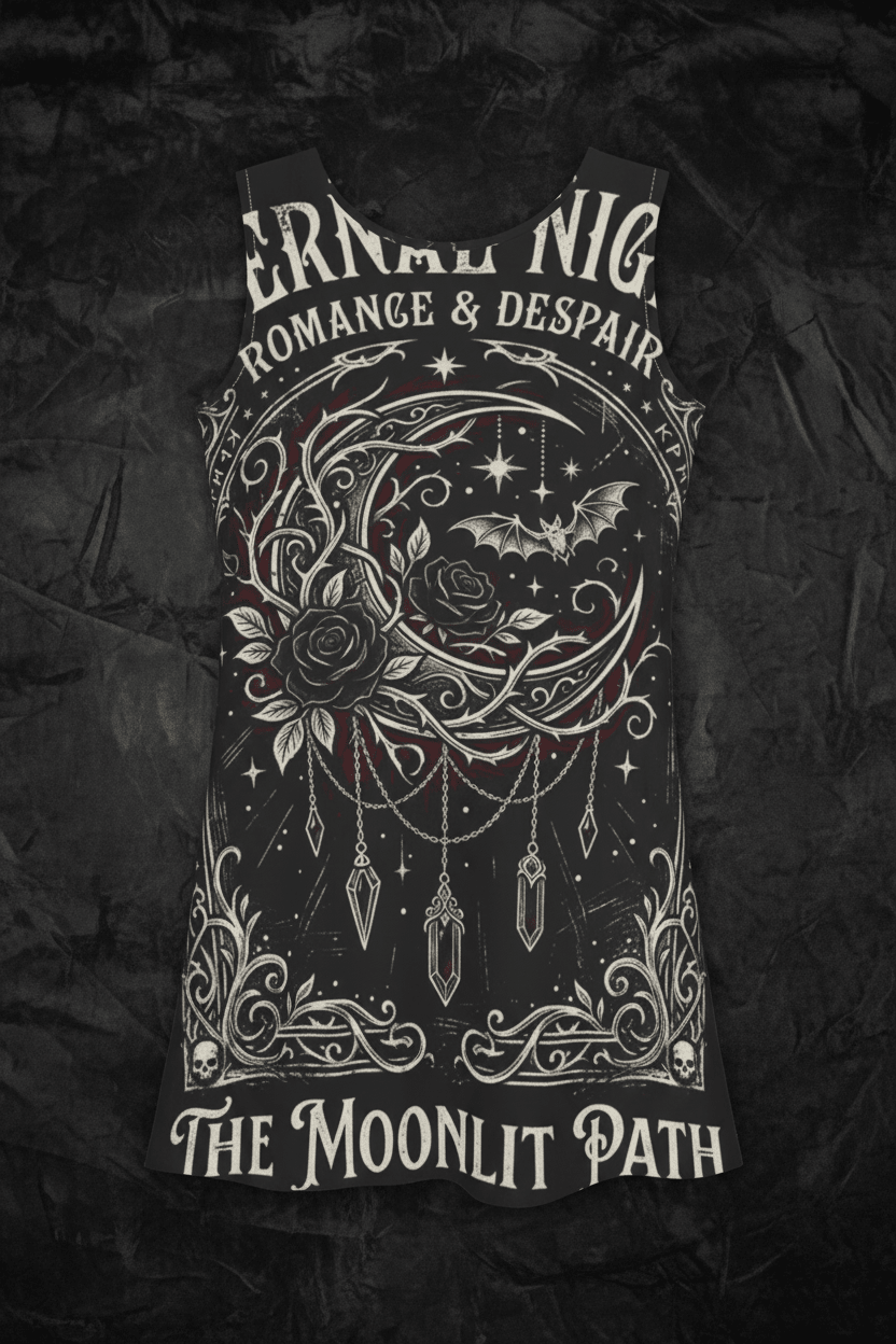 Moonlit Path Gothic A - Line Dress — "Eternal Night: Romance & Despair" All - Over PrintEmber Spirit Apparel