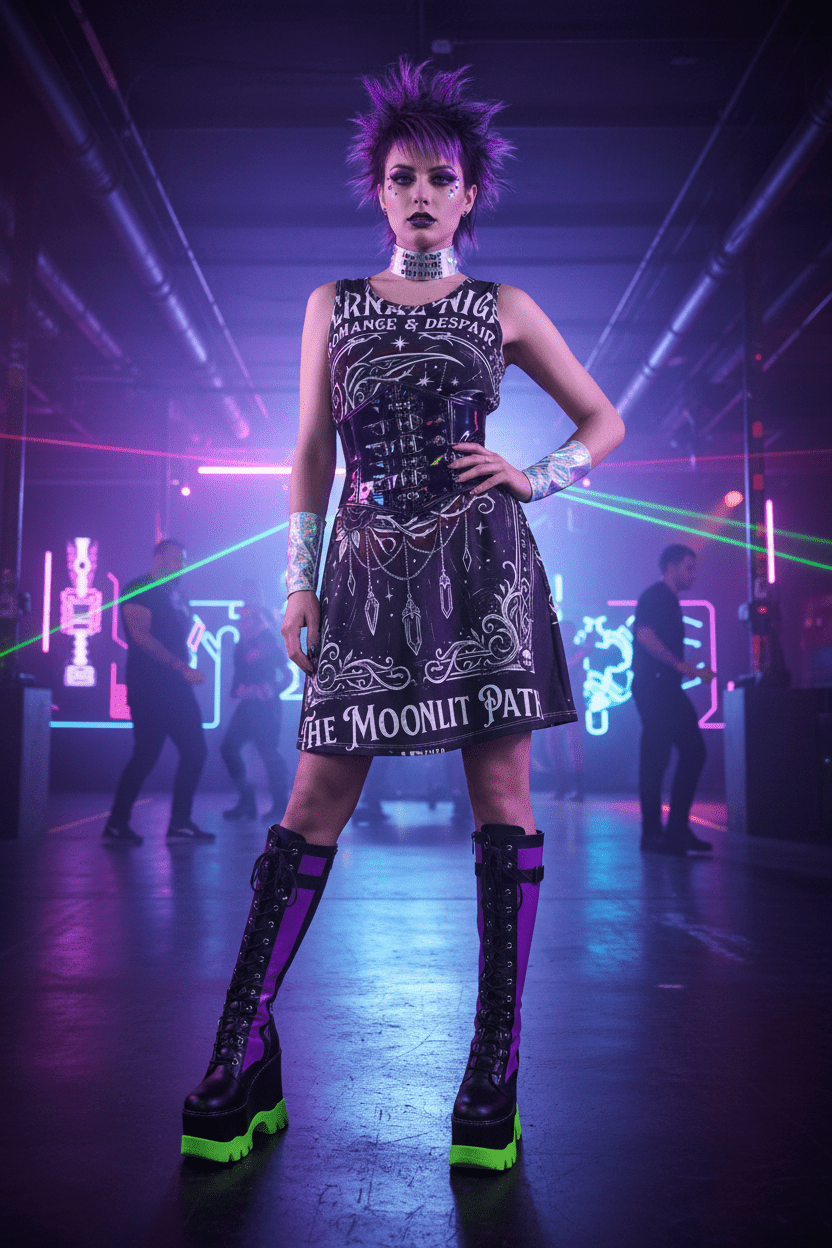 Moonlit Path Gothic A - Line Dress — "Eternal Night: Romance & Despair" All - Over PrintEmber Spirit Apparel