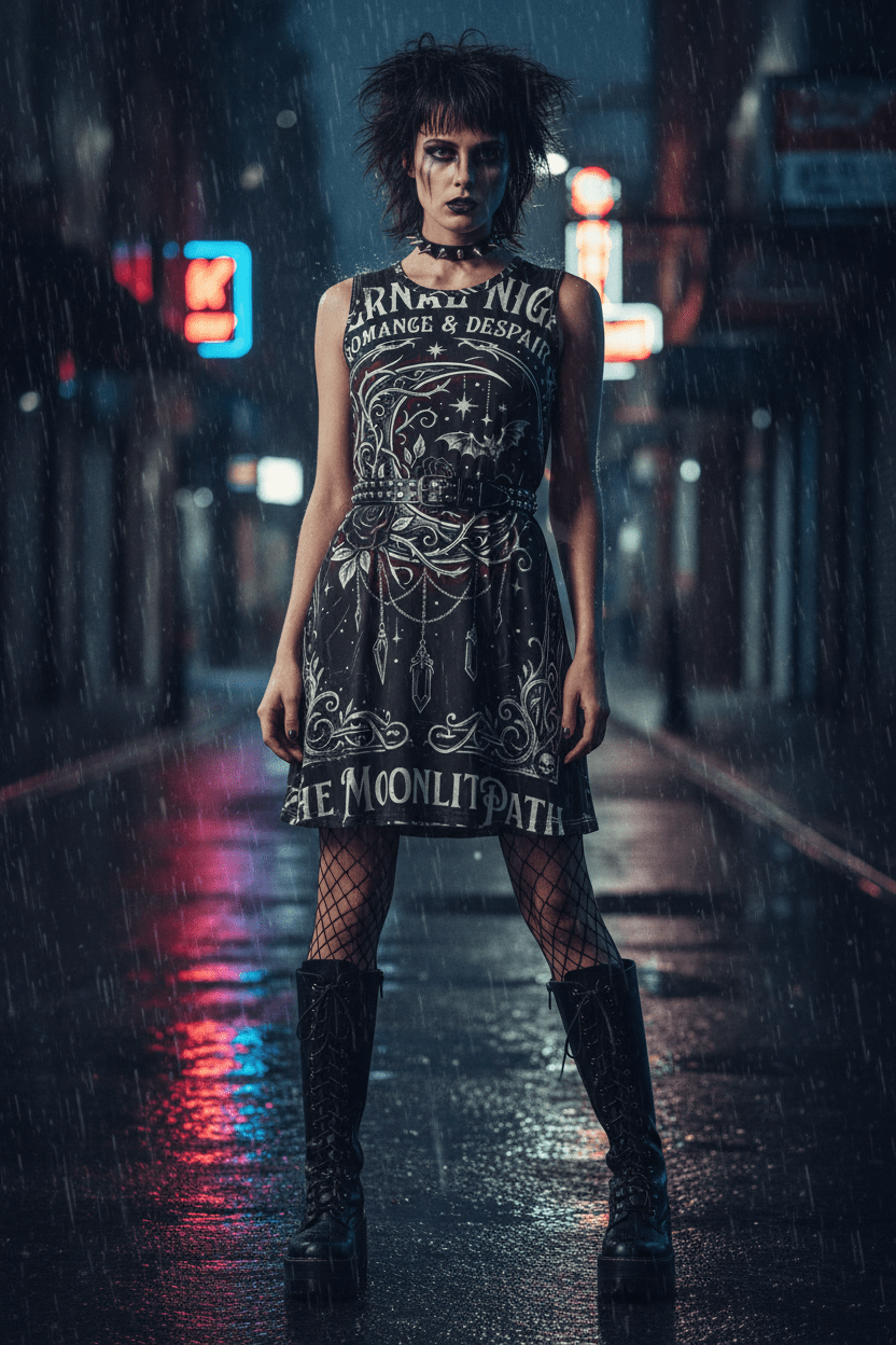 Moonlit Path Gothic A - Line Dress — "Eternal Night: Romance & Despair" All - Over PrintEmber Spirit Apparel