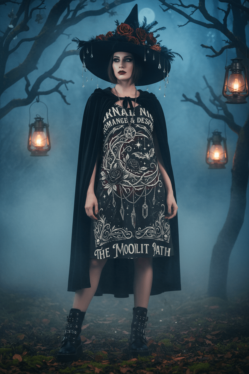 Moonlit Path Gothic A - Line Dress — "Eternal Night: Romance & Despair" All - Over PrintEmber Spirit Apparel