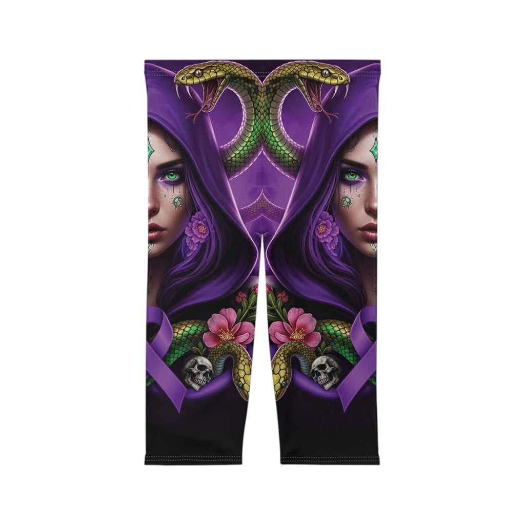 Mystic femme capri leggings back view – bold all-over print streetwear leggings by Ember Spirit