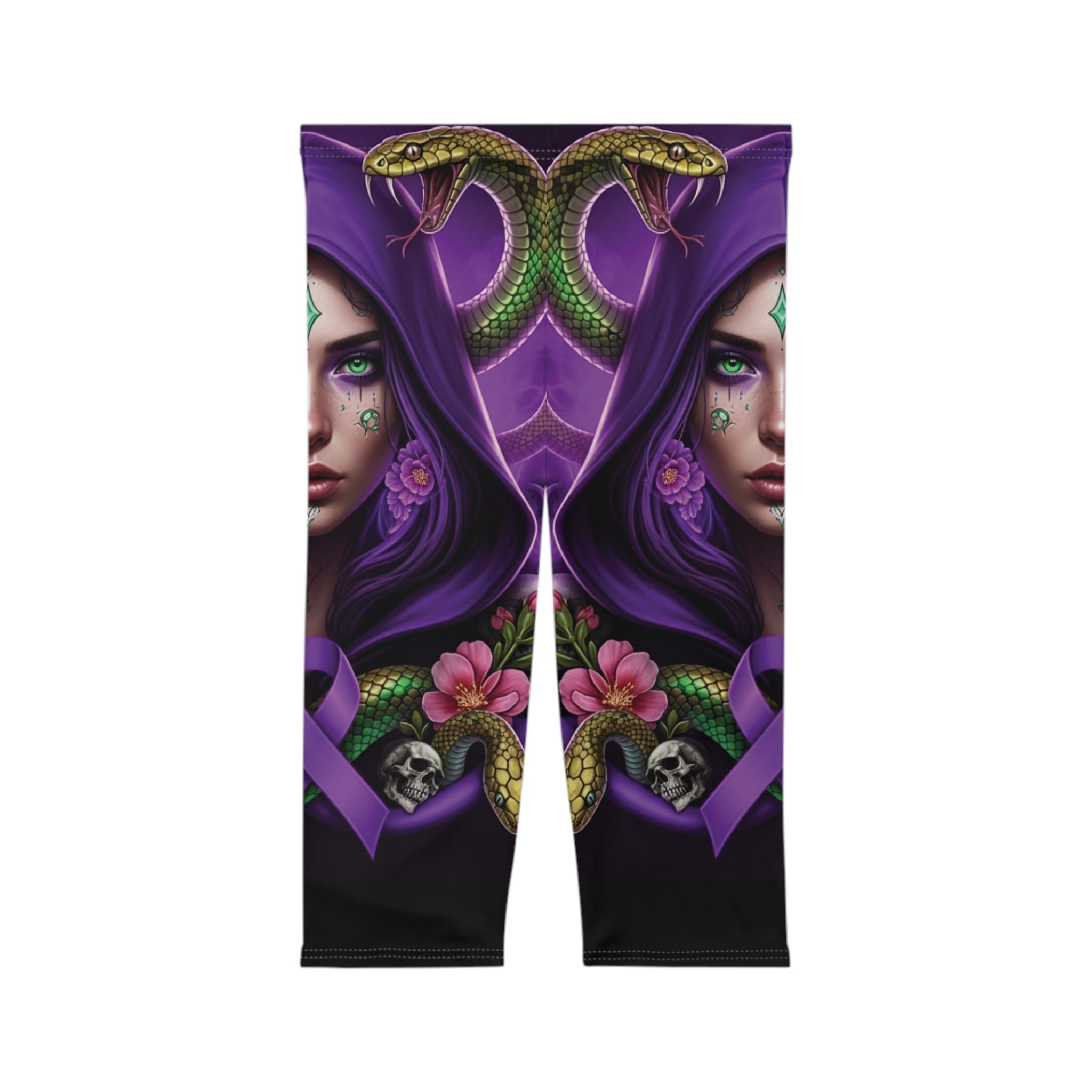Mystic femme capri leggings back view – bold all-over print streetwear leggings by Ember Spirit