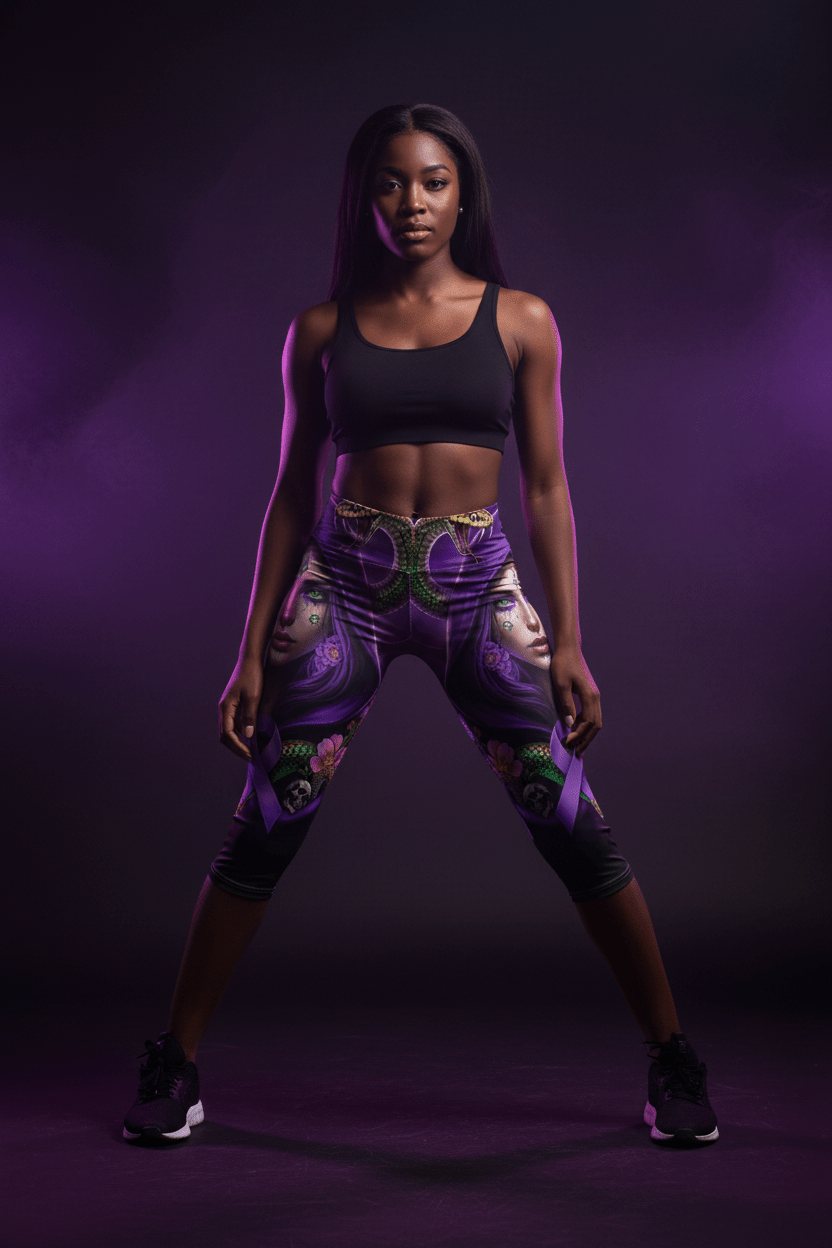 Mystic Femme Capri Leggings — Purple Hooded Woman, Snakes & Awareness RibbonEmber Spirit Apparel