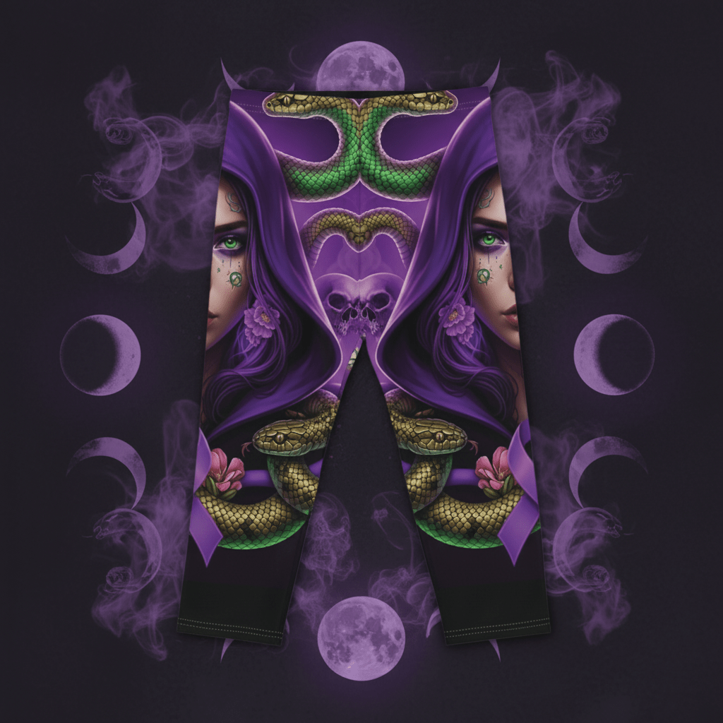 Mystic Femme Capri Leggings — Purple Hooded Woman, Snakes & Awareness RibbonEmber Spirit Apparel