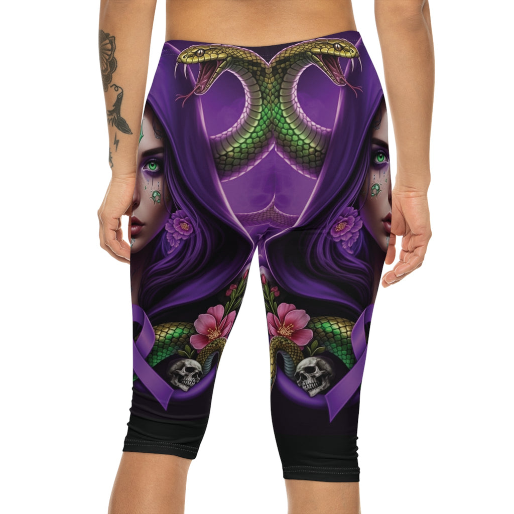 Mystic femme capri leggings detail shot – hooded woman snakes awareness ribbon all-over print