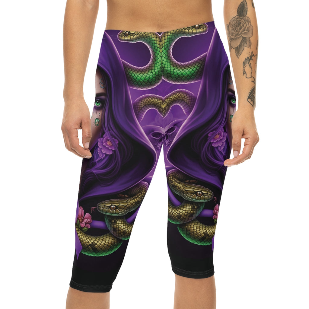 Mystic femme capri leggings back view – bold all-over print streetwear leggings by Ember Spirit