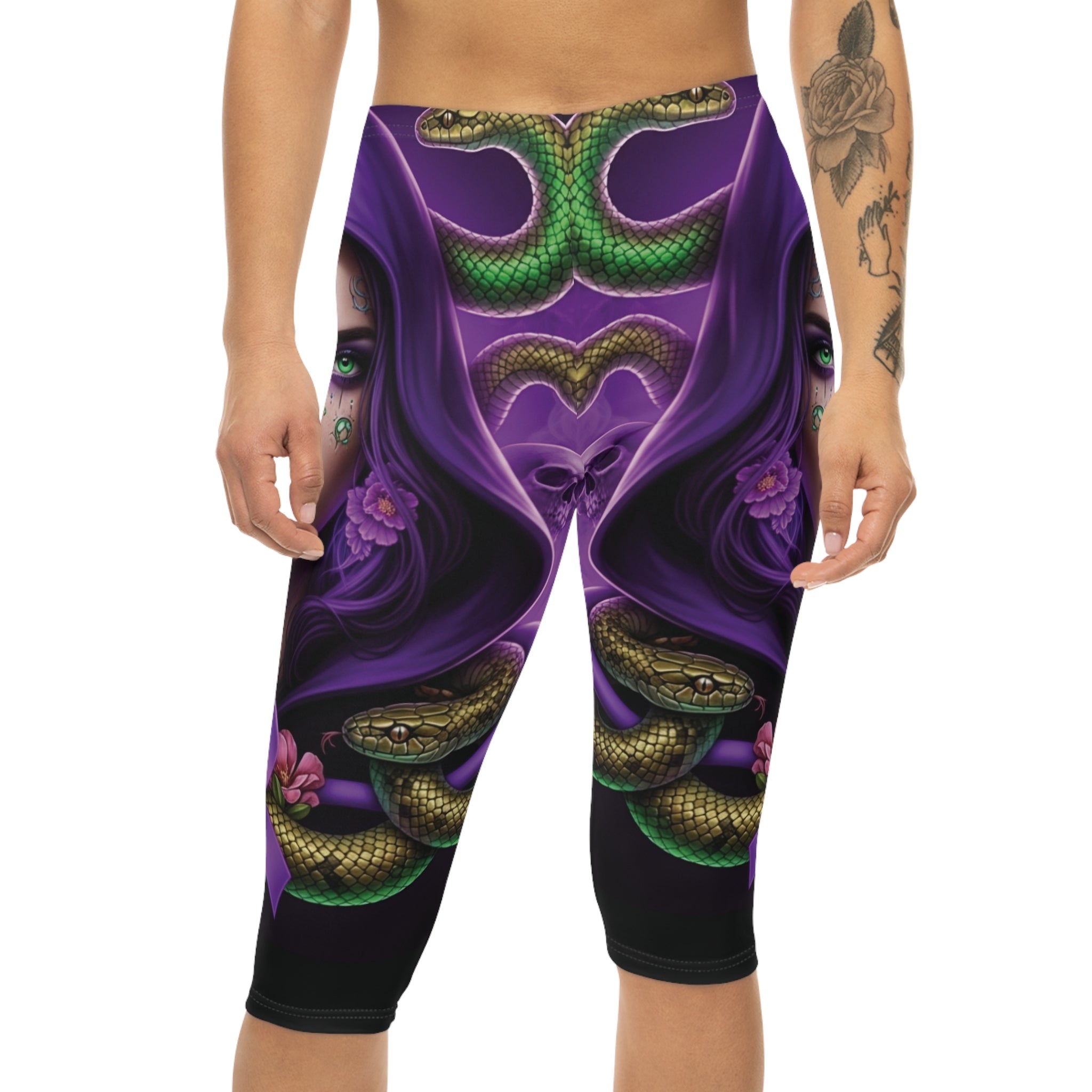 Mystic femme capri leggings back view – bold all-over print streetwear leggings by Ember Spirit
