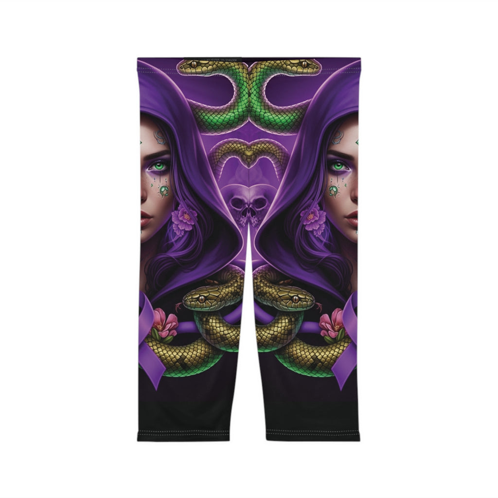 Mystic femme capri leggings front view – purple hooded woman snake awareness ribbon print