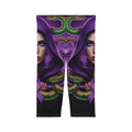 Mystic femme capri leggings front view – purple hooded woman snake awareness ribbon print