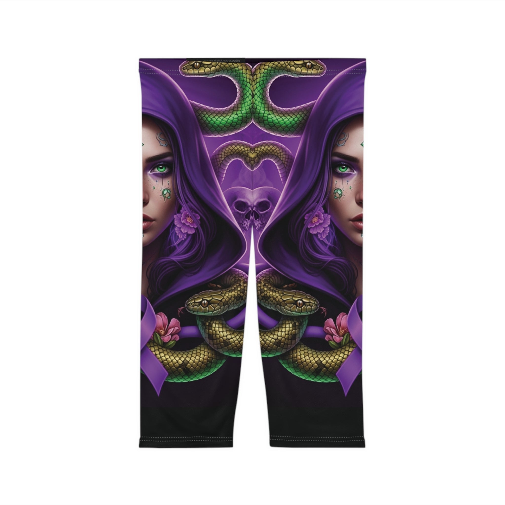 Mystic femme capri leggings front view – purple hooded woman snake awareness ribbon print