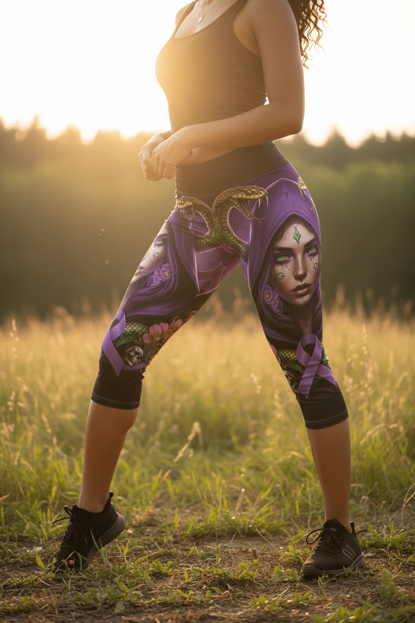 Mystic Femme Capri Leggings — Purple Hooded Woman, Snakes & Awareness RibbonEmber Spirit Apparel