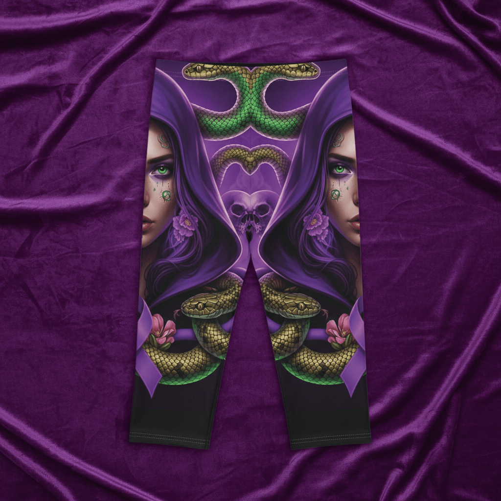 Mystic Femme Capri Leggings — Purple Hooded Woman, Snakes & Awareness RibbonEmber Spirit Apparel