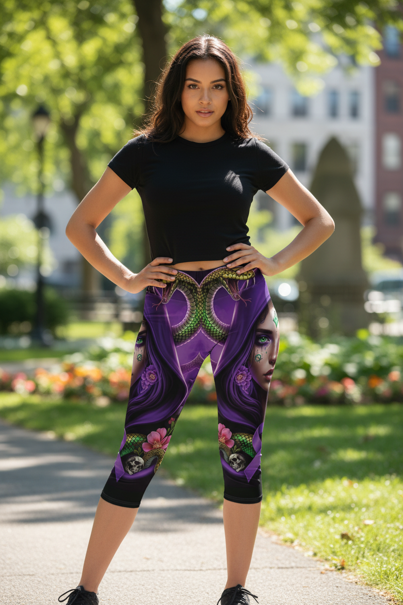 Mystic Femme Capri Leggings — Purple Hooded Woman, Snakes & Awareness RibbonEmber Spirit Apparel