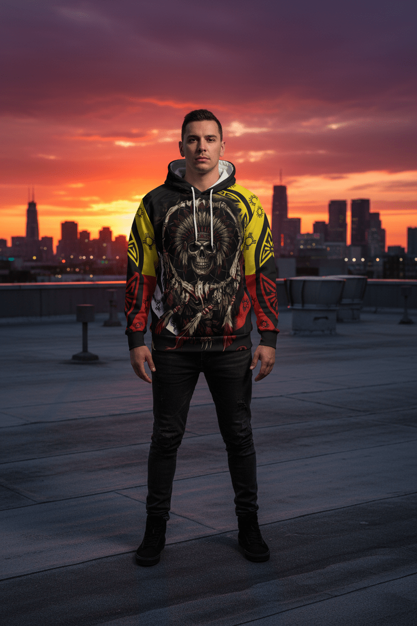Native Skull Dreamcatcher Hoodie — Tribal Headdress All - Over PrintEmber Spirit Apparel