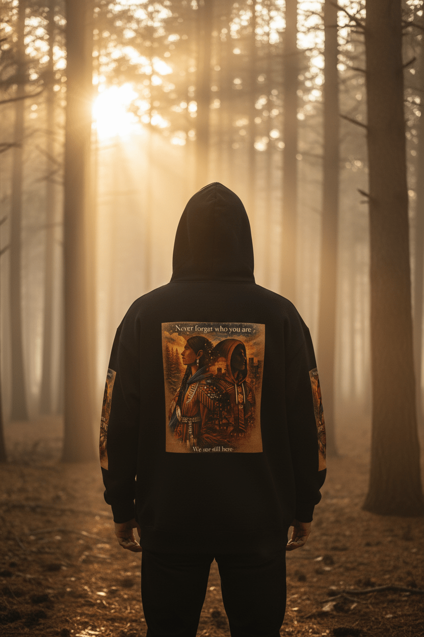 Native Warrior Graphic Hoodie — "We are still here" Native American Art PulloverEmber Spirit Apparel