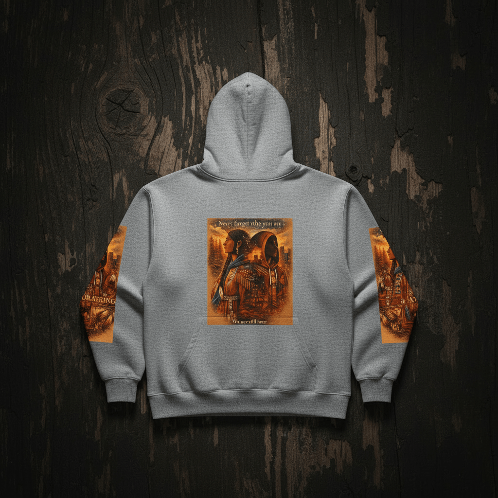 Native Warrior Graphic Hoodie — "We are still here" Native American Art PulloverEmber Spirit Apparel