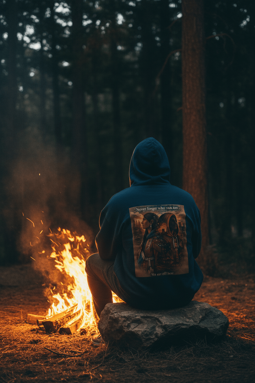 Native Warrior Graphic Hoodie — "We are still here" Native American Art PulloverEmber Spirit Apparel