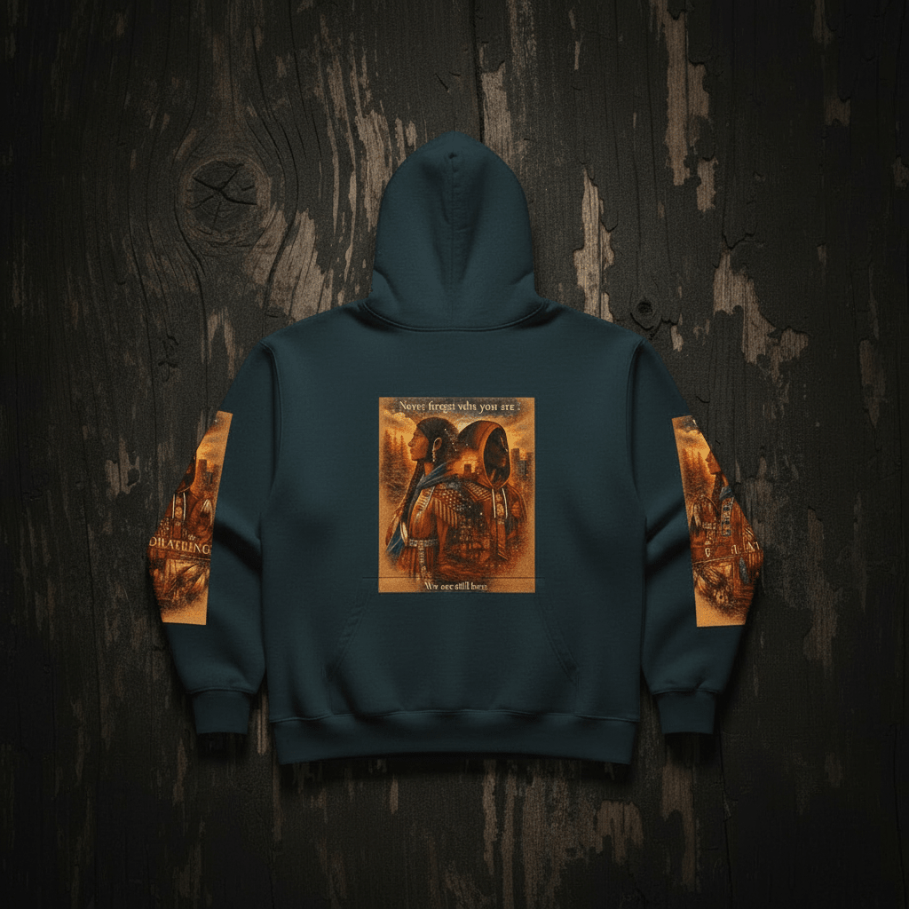 Native Warrior Graphic Hoodie — "We are still here" Native American Art PulloverEmber Spirit Apparel