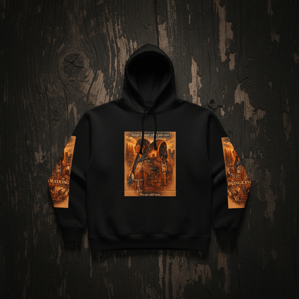 Native Warrior Graphic Hoodie — "We are still here" Native American Art PulloverEmber Spirit Apparel