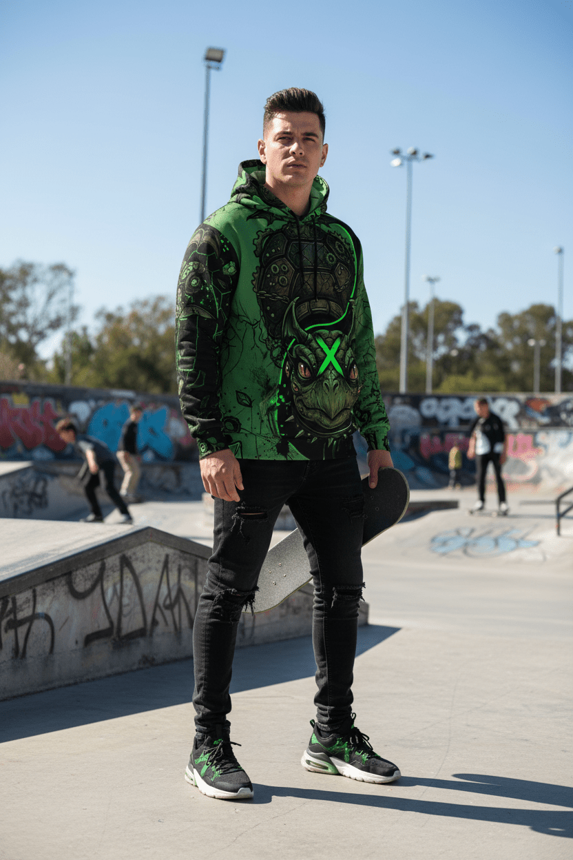 Neon Green Dragon Frog Streetwear Hoodie - Ying Yang CollectionEmber Spirit Apparel